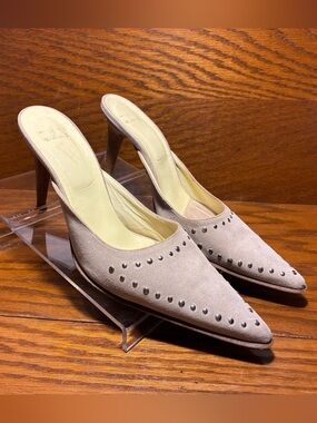 ITALY MADE Tinta Unita Studded Suede Heeled Mules Light Taupe EU 40 US 9.5